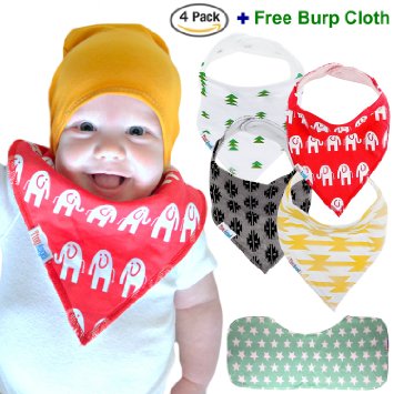 9733 4-Pack Baby Bandana Drool Bibs Unisex and FREE Organic Cotton Burp Cloth  Best Gift For Toddlers