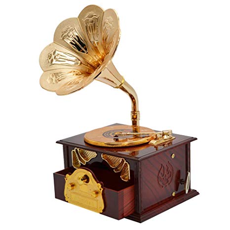 Fding Classical Trumpet Horn Turntable Gramophone Art Disc Music Box & Make up Case &Jewelry Box Home Decor (Brown)