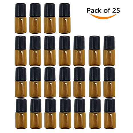 GreatBBA 25-Count 2ml Amber Mini Refillable Glass Roller Ball Bottles, Roll-on Vials for Essential Oil Aromatherapy Perfumes
