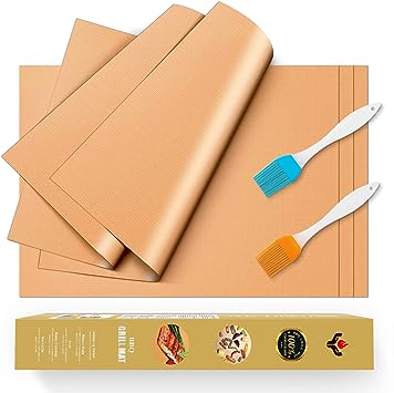 Copper Grill Mat and Bake Mat Set of 5 Non Stick BBQ Grill & Baking Mats - Reusable, Easy to Clean - PTFE Teflon Fiber Grill Roast Sheets for Gas, Charcoal, Electric Grill (Gold)