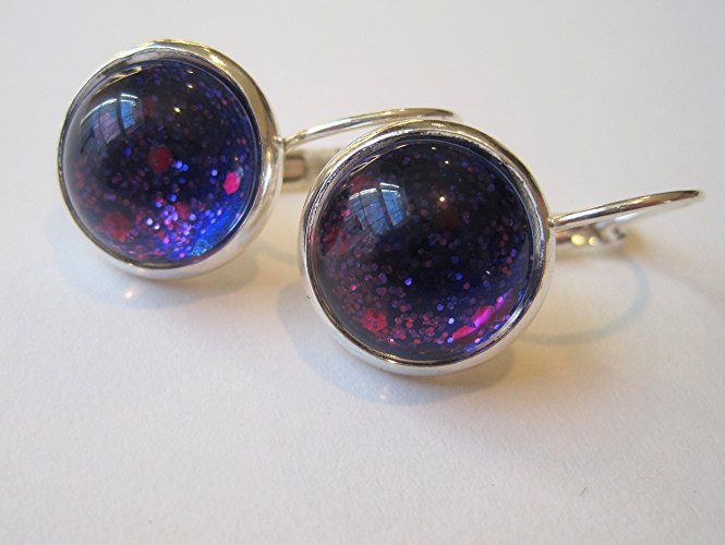 Glitter Glass Silver-Tone Leverback Drop Earrings Blue Purple and Pink