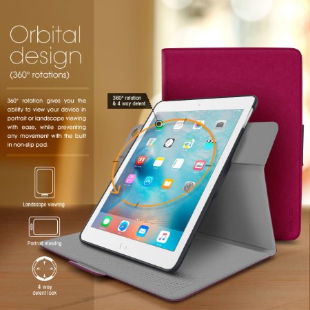 iPad Air 2 / Air 1 Case - roocase Orb 360 Rotating Folio Leather Cover with Sleep / Wake Feature for Apple iPad Air 2 (2014) / Air 1 (2013) with Stand Support Landscape, Portrait & Typing View - Magenta