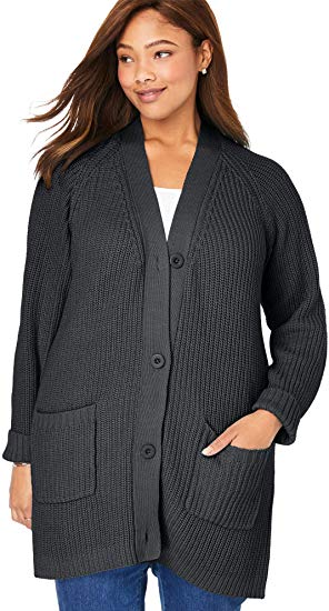 Woman Within Women's Plus Size Button Front Shaker Cardigan