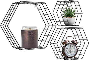 Sorbus Floating Hexagon Shelves - Wall-Mounted Geometric Metal Wall Décor Photos, Collectibles, Plants More (Metal Hexagon - Black)