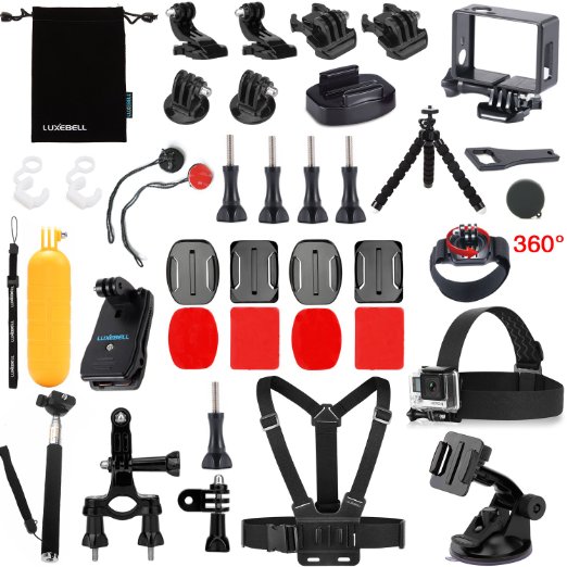 Luxebell 17-in-1 Accessories Bundle Kit for Gopro Hero 4 Black Silver 3  3 Camera and Sjcam Sj4000 Sj5000 - Chest Harness / Floating Grip / Handheld Monopod / Frame Mount / Head Strap