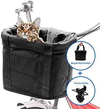 AceList Black Bicycle Basket Front Baskets Picnic, Pet Cat Dog Carrier Basket Shopping Bag, Folding Detachable Removable Easy Install Quick Released & Bonus Cell Bicycle Phone Mount