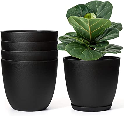 Mkono Plastic Planters Indoor Set of 5 Flower Plant Pots Modern Decorative Gardening Pot with Drainage and Saucer for All House Plants, Herbs, Foliage Plant, and Seeding Nursery, Black, 7.5"