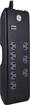 GE Power Strip Surge Protector, 8 Grounded Outlets, 4 ft Long Power Cord, Flat Plug, Extra Wide Adapter Spaced Outlets, Twist to Close Safety Outlets, 2100 Joules, UL Listed, Black, 37451