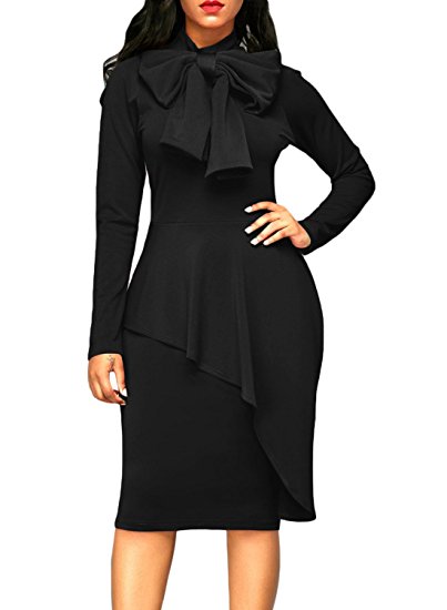 Dokotoo Womens Tie Neck Peplum High Waist Long Sleeve Bodycon Dress