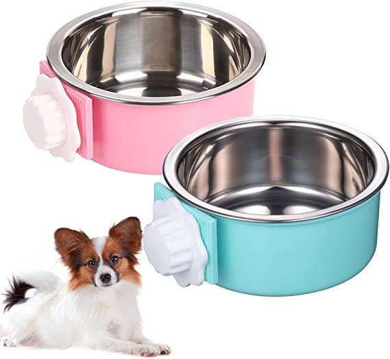 kathson Crate Dog Bowl, Removable Stainless Steel Hanging Pet Cage Bowl Food & Water Feeder Coop Cup for Cat, Puppy, Birds, Rats, Guinea Pigs 2pcs(Blue,Pink)