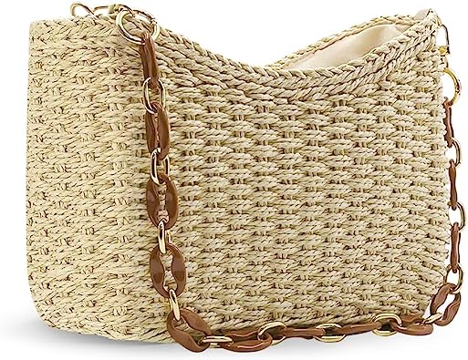 JYG Straw Woven Shoulder Bag for Women Summer Beach Travel Crossbody Handbag Classics Satchel Purse