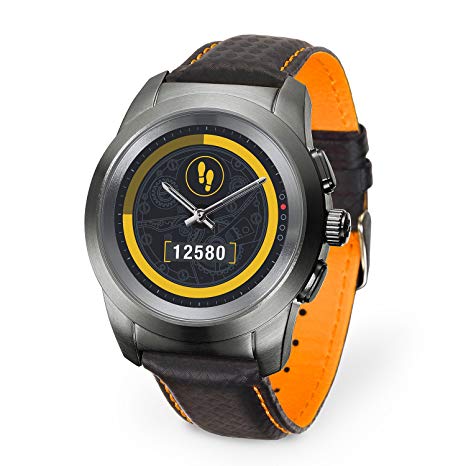 MyKronoz ZeTime Regular Premium Hybrid Smartwatch 44mm with Mechanical Hands Over a Color Touch Screen – Brushed Titanium/Black Carbon Orange Stitching