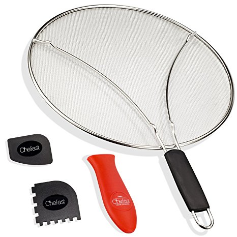 Chefast Splatter Screen Set - Premium 13” Stainless Steel Grease Splatter Guard, Cooking and Grill Pan Scrapers & Silicone Hot Handle Holder - Oil Splash Shield for Pots, Skillets and Frying Pans