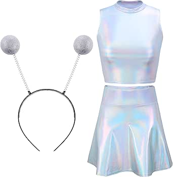 SATINIOR Metallic Top Sleeveless Crop Tank Top Pleated Skirt with Headband for Raves Alien Costume Halloween Cosplay