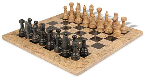 Classic Coral Stone & Black Marble Chess Set with 16" Board