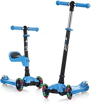 Lascoota 2-in-1 Kick Scooter with Removable Seat Great for Kids & Toddlers Girls or Boys – Adjustable Height w/Extra-Wide Deck PU Flashing Wheels for Children from 2-14 Years Old