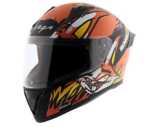 Vega Bolt Bunny ISI DOT Certified Full Face Matt Finish Helmet for Men and Women with Clear Visor(Dull Black Orange, Size:M)