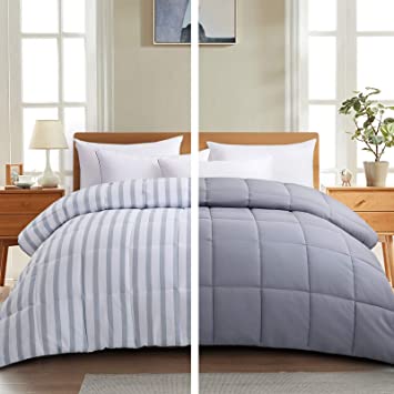 CottonHouse Queen/Full Size(88x88) All Season Comforter Breathable Hypoallergenic Reversible Quilted Duvet Insert Greystripe Down Alternative Fill with Corner tabs,Machine Washable.