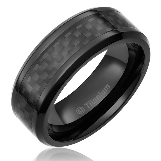 8MM Men's Titanium Ring Wedding Band Black Plated, Black Carbon Fiber Inlay and Beveled Edges