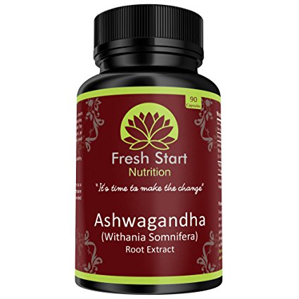 Ashwagandha Root Extract Veggie Capsules | Certified Natural Herbal Supplement | Stress Relief - Lowers Anxiety Symptoms - Reduce Fatigue | Withania Somnifera in Ayurveda Medicine | 90 Easy to Swallow Pills | Fresh Start Nutrition