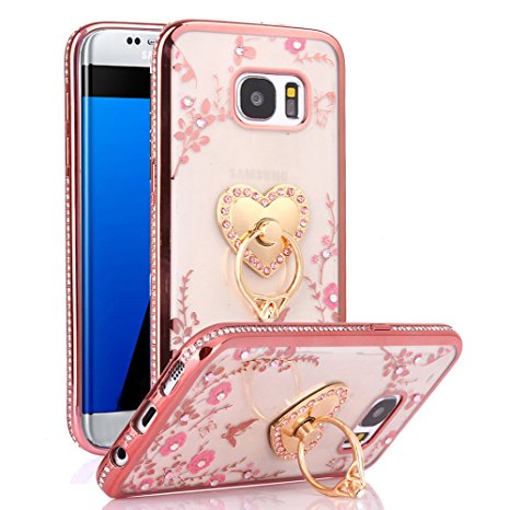 Galaxy S7 Edge Case, S7 Edge Case, CaseUp Glitter Crystal Heart Floral Series - Slim Luxury Bling Rhinestone Clear TPU Case With Ring Stand For Samsung Galaxy S7 Edge, Rose Gold