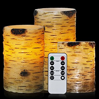 Candles Birch, Flameless Candles Set of 4" 5" 6" Candles Remote Birch Bark Real Wax Pillar with Remote Timer By Comenzar