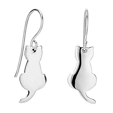 925 Sterling Silver Sitting Cat Silhouette Dangle Hook Earrings