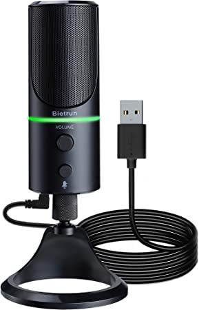 Bietrun USB Microphone, Condenser Gaming Mic for Mac/Windows/Desktop/Laptop, Plug & Play, Headphone Jack, LED Ring, Computer Microphone for Zoom, Podcasts, Streaming, Studio Recording