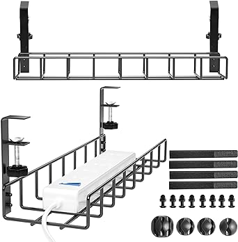 Under Desk Cable Management Tray 2 Pack, Xpatee Upgraded Wire Management No Drill, Cable Tray with Clamp for Desk Wire Management, Computer Cable Rack for Office, Home - No Damage to Desk