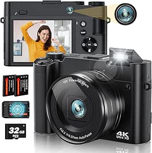 Newest 4K Digital Camera for Photography 64MP Selfie Camera with Front and Rear Dual Lens 16X Digital Zoom Compact Point and Shoot Cameras Vlogging Camera with 32G Card & 2 Batteries (Black)