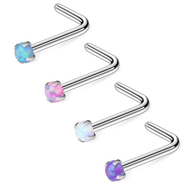 Ruifan 18G 316L Surgical Steel 1.5mm 2mm 2.5mm 3mm Opal Nose L-Shaped Rings Studs Ring Body Piercing Jewelry 1-4PCS