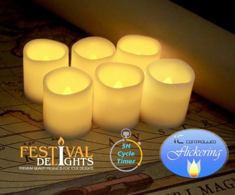 Timer Flameless Candles By Festival Delights - Premium IC-controlled Soft Flickering Votive Battery Operated Candles 70 Hours of Lighting 5-Hours-Cycle Timer Dia 15x175 Height Total 12 Battery cells Included LED Candles Flameless Candle Set Votive Candles Wedding Decor