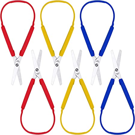 Loop Scissors Colorful Grip Scissors Loop Handle Self-Opening Scissors Adaptive Cutting Scissors for Children and Adults Special Needs, 8 Inches (Yellow, Red, Blue, 6 Packs)