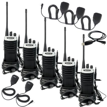 Retevis RT7 Two-Way Radio FRS UHF 400-470MHz 16 Channels FM Radio with Earpiece Silver Black Border5 Pack and Speaker Mic 5 Pack and Programming Cable