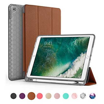 Swees iPad 9.7 2018 Case with Pencil Holder, Slim Smart Protective Shockproof Leather Auto Sleep/Wake Folding Case Cover with Stand Built-in Apple Pencil Holder for iPad 9.7 inch 2018 New Model, Brown