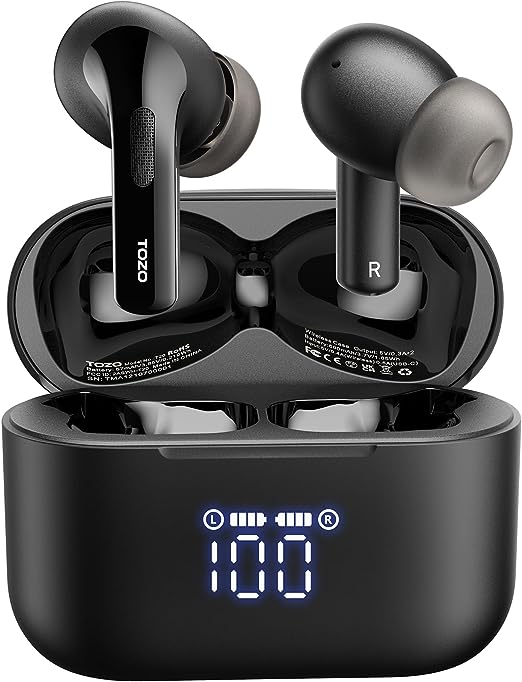 TOZO T20 Wireless Earbuds Bluetooth Headphones 42 Hrs Playtime with LED Digital Display, IPX8 Waterproof, Dual Mic Call Noise Cancelling 10mm Broad Range Speakers with Wireless Charging Case Black