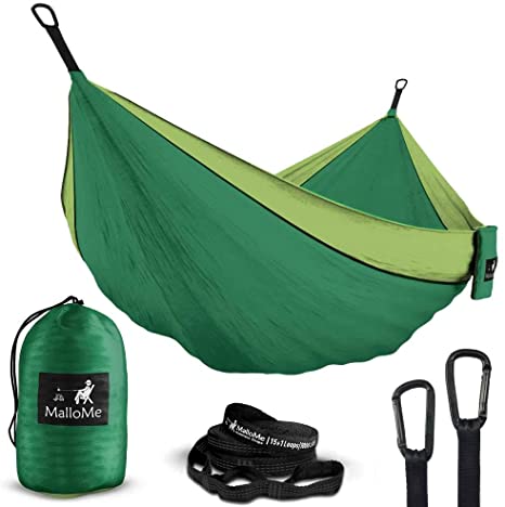 MalloMe Double & Single Portable Camping Hammock - Parachute Lightweight Nylon with Hammok Tree Straps Set- 2 Person Equipment Kids Accessories Max 1000 lbs Breaking Capacity - Free 2 Carabiners