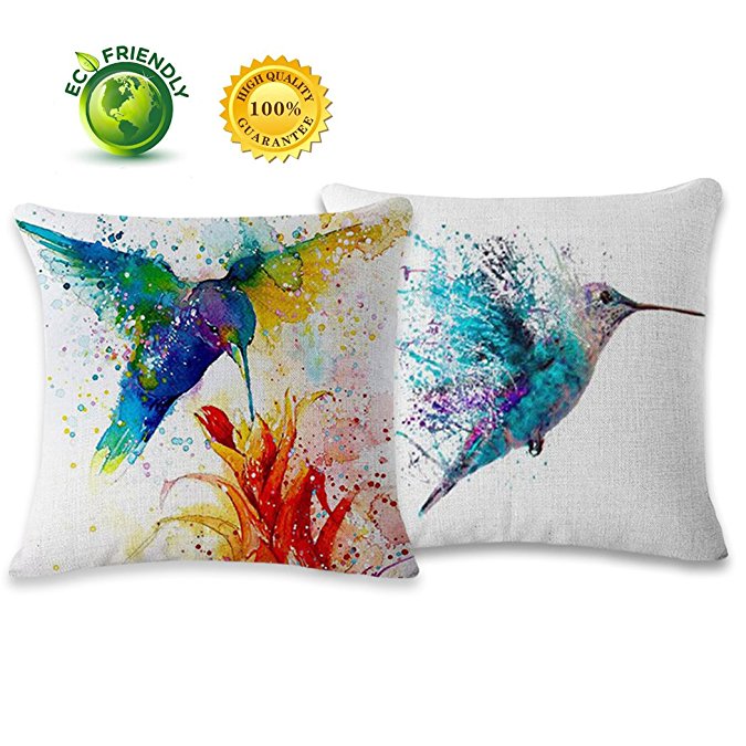 Myathle Cotton Linen Throw Pillow Cover Decorative 18 X 18 Inch Pack of 2 Watercolor Printing Couch Pillow Cases Cushion Cover Bird