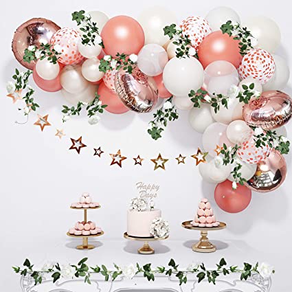 Rose Gold White Balloons Garland Arch Kit, Floral Rose Gold Party Decorations Clear Latex Confetti Foil Balloon Star Banner Rose Vine for Birthday Bachelorette Baby Shower Wedding Photo Booth Backdrop