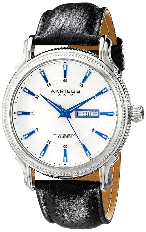 Akribos XXIV Men's AK726WT Essential White & Silver-tone Black Leather Strap Watch