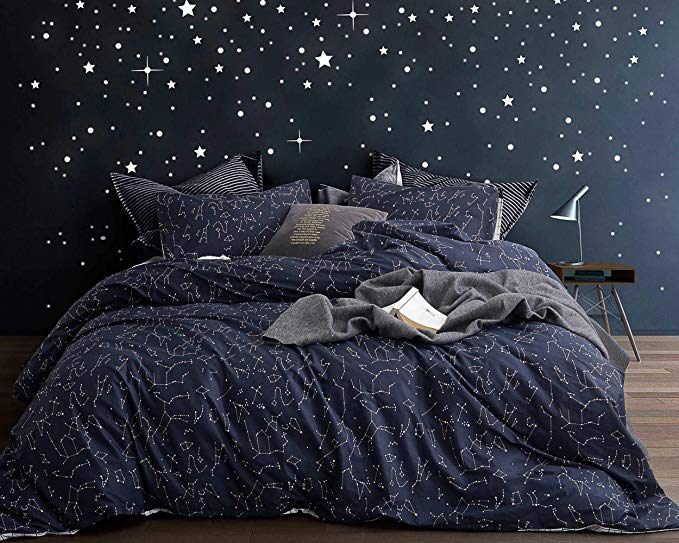 ECOCOTT 3 Pieces Duvet Cover Set Queen 100% Natural Cotton 1 Duvet Cover 2 Pillowcases,Navy and Cosmic Constellation Reversible Printed Pattern Soft Cozy Luxury Breathable and Durable Bedding Set