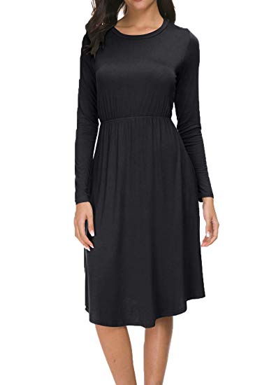 levaca Women's Long Sleeve Pleated Causal Loose Swing Midi Dress with Pockets