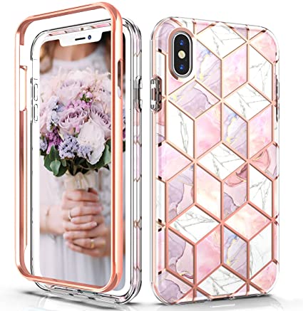 Hasaky Case for iPhone Xs Case,iPhone X Case 5.8 Inch,Dual Layer Hybrid Bumper Girls/Women Marble Design Soft TPU Hard Back Heavy Duty Anti-Scratch Shockproof Protective Phone Case -Pink/Rose Gold