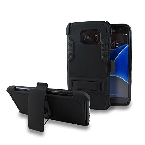 Samsung Galaxy S7 G930 Case, Kaleidio [Hyper Armor] Rugged Holster Hybrid 2-Piece Shockproof TPU Cover w/ Kickstand [Includes a Overbrawn Prying Tool] [Black/Black]