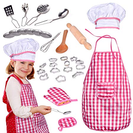 32 PCs Chef Dress Up Clothes Little Girls, Play Kitchen Accessories Set Kids, Cooking Baking Tools, Pretend Play, Birthday Gifts