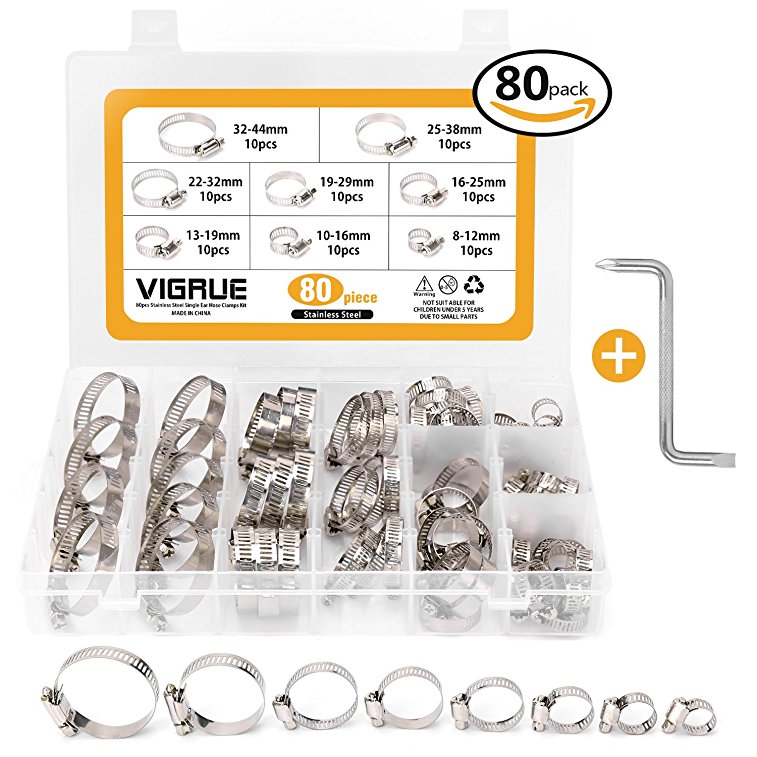 VIGRUE 80 Pieces S304 Adjustable 5/16-1-23/32" Range Worm Gear Hose Clamps Assortment Kit, 8 Size，One Dual-purpose Screwdriver Included