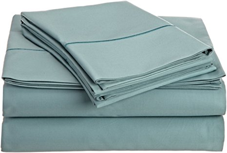 HN International Group Perthshire 1000 Thread Count Solid Sheet Set with Single Embroidered Marrow on the Flat Sheet and Pillow Cases, Queen Size, Ocean Blue