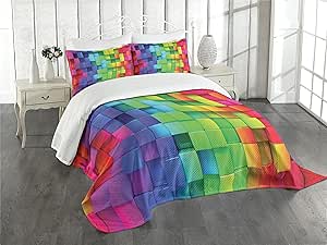 Ambesonne Colorful Bedspread Set, Rainbow Colored Contour Display Futuristic Block Brick-Like Geometric Artisan, 3 Piece Decorative Bedding Coverlet and 2 Pillow Shams, King Size, Multicolor