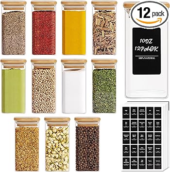 ComSaf 12Pcs Glass Spice Jars with Bamboo Lid, 10oz Airtight Square Containers with 275 Black Lables, Empty Seasoning Jars for Spice Salt Sugar