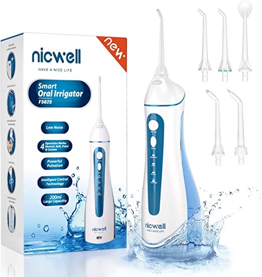 Water Flosser Cordless for Teeth - Nicwell 4 Modes Dental Oral Irrigator, Portable and Rechargeable IPX7 Waterproof Powerful Battery Life Water Pick Teeth Cleaner for Home Travel(White)